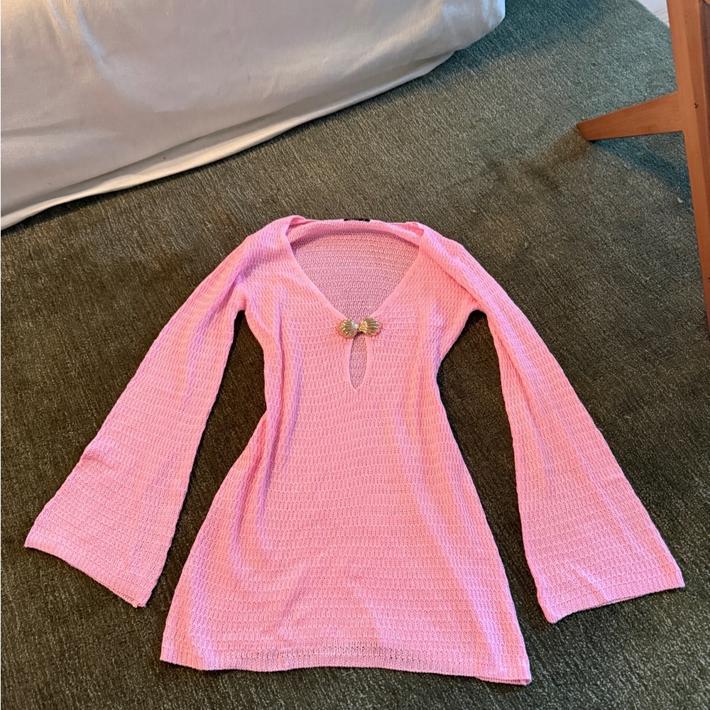 Pink Knit Bell-Sleeve V-Neck Cover Up with Shell Brooch